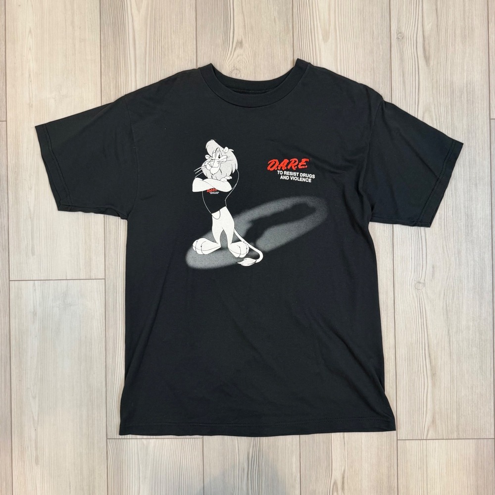 Vintage DARE T-Shirt Daren the Lion Graphic Black Short Sleeve Crew Neck Tee